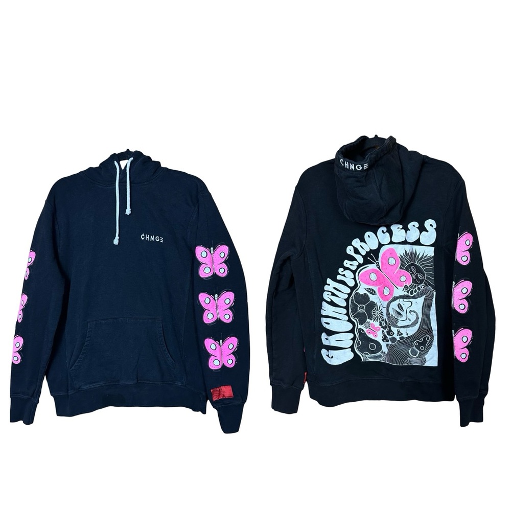 Chnge Organic Cotton Black Graphic Butterfly Abstract Hoodie Sweatshirt Medium